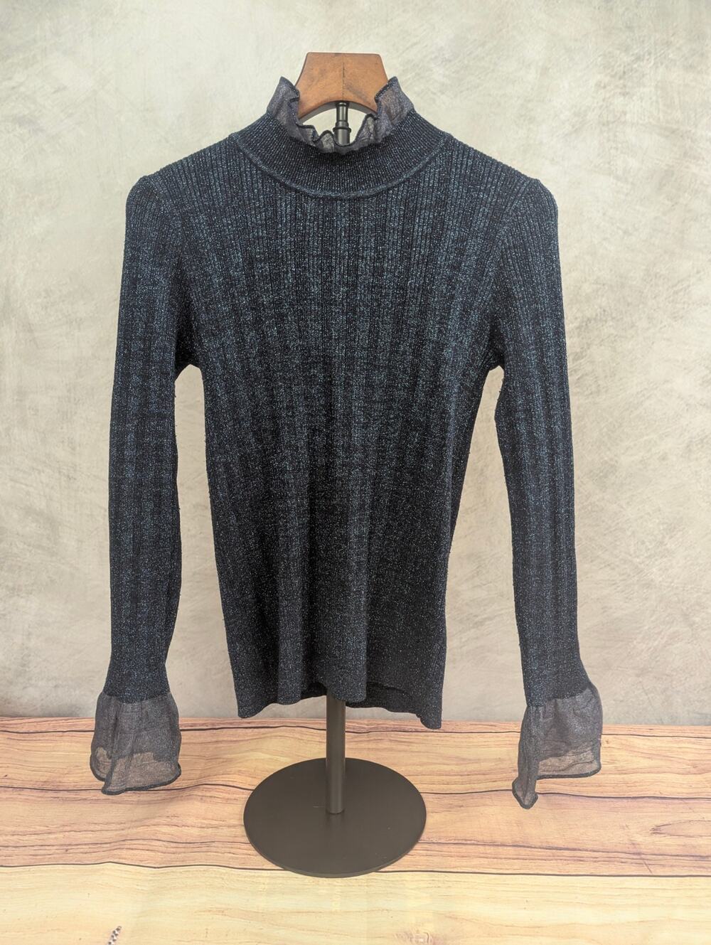 Karl Lagerfeld Paris Navy Shimmer Ribbed Sweater M – Sheer Ruffle Neck & Cuffs